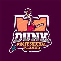 dunk jogador profissional em uma placa moderna ou distintivo para o seu time de basquete vetor