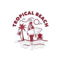 praia tropical ilustração t camiseta design mulher surfista pôster vintage retro vetor