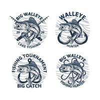 conjunto de walleye fishing logo club torneio big catch, emblema vintage distintivo vetor