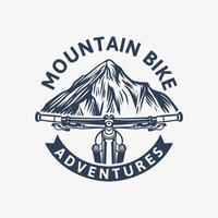 Modelo de logotipo vintage de aventuras de mountain bike com guiador e ilustração de montanha vetor