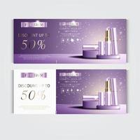 voucher de oferta batom facial hidratante para venda anual ou liquidação de festival. frasco de máscara de batom roxo e dourado isolado em fundo de partículas de brilho. vetor