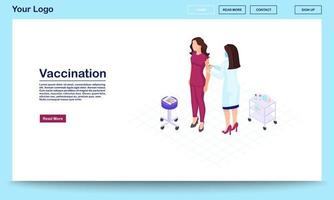 modelo de vetor de página da web de vacinação com ilustração isométrica. médico dando injeção ao paciente. mulher e médico, terapeuta, enfermeira. design da interface do site. página da web, conceito 3D de aplicativo móvel