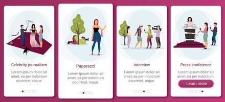 modelo de tela de aplicativo móvel de integração de jornalismo e mídia de massa. transmissão de notícias, reportagem, entrevista. passo a passo do site com caracteres planos. interface de desenho animado de smartphone ux, ui, gui vetor