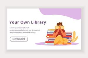 seu próprio modelo de vetor de página de destino de biblioteca. ideia de interface do site do dia mundial do livro com ilustrações planas. layout da página inicial da livraria. banner da web de leitor afiado, conceito de desenho de página da web