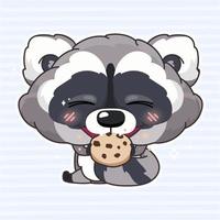 personagem de desenho animado bonito guaxinim kawaii. adorável e engraçado animal comendo biscoitos, etiqueta isolada de cookies, patch, ilustração de livro de crianças. Emoji bebê guaxinim degustando doces em fundo azul vetor