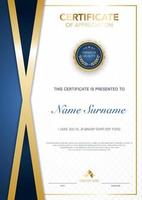 modelo de certificado de diploma de cor azul e ouro com imagem vetorial de estilo moderno e luxuoso, adequado para apreciação. ilustração vetorial. vetor