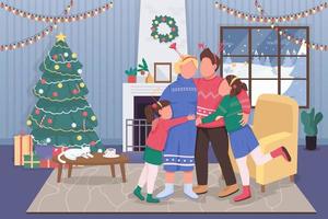 Natal com ilustração em vetor família cor lisa. celebração de ano novo em casa com parentes. feriado festivo. pais abraçando crianças personagens de desenhos animados 2d com o interior em segundo plano