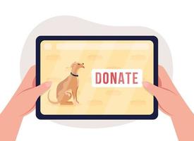 doação online para abrigos de animais de estimação ilustração vetorial 2d isolada. enviar ajuda pela internet para cuidar dos animais. plana primeira vista as mãos com o tablet no fundo dos desenhos animados. trabalho de caridade cena colorida vetor