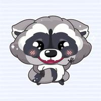 personagem de desenho animado bonito guaxinim kawaii. animal adorável, feliz e engraçado, sorrindo e acenando oi adesivo isolado, patch, ilustração de livro de crianças. Emoji de guaxinim de bebê selvagem em fundo azul vetor