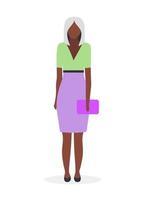 ilustração em vetor plana afro americana empresária. jovem negra com cabelo loiro em roupas formais. elegante senhora de pele escura vestindo saia e bolsa personagem de desenho animado. estudante, mulher de negócios