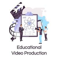 ícone de conceito plano de produção de vídeo educacional. tutorial, adesivo de tiro de aula de ciências, clipart. elearning, streaming de vídeo e blogging. ilustração isolada dos desenhos animados no fundo branco vetor