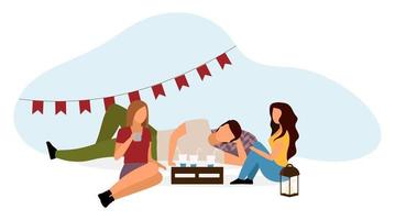 estudantes festa ilustração vetorial plana. jovens campistas, amigos comemorando aniversário, bebendo coquetéis personagens de desenhos animados isolados no fundo branco. meninas, menino curtindo um ambiente descontraído vetor