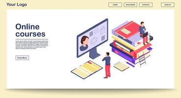 modelo de vetor de página da Web de cursos online com ilustração isométrica. webinar, vídeo tutorial, professor digital. matemática, aprendizagem de geometria. escola de pós-graduação online. layout da interface do site. conceito 3d do site