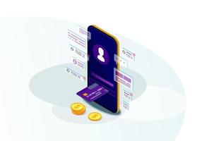 ilustração em vetor cor isométrica mobile banking. pagamento eletrônico. transações bancárias online. conta de usuário do sistema de pagamento. enviar dinheiro. contas eletrônicas. gestão financeira. página da web, conceito 3D de aplicativo móvel