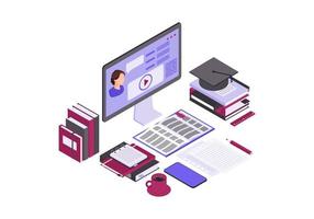 ilustração em vetor cor isométrica de educação on-line. Internet, infográfico de ensino à distância. vídeo tutorial, e curso, e aula. estudar em casa. e aprendizagem conceito 3d. elemento de design isolado