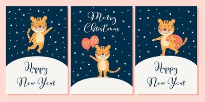 cartões de feliz natal e feliz ano novo conjunto de banners com o símbolo do tigre fofo mascote de 2022 anos conceito de inverno com personagem plana vetor
