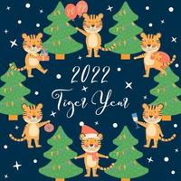 banner de feliz natal e feliz ano novo cartão ou pôster com símbolo de tigres bonitos mascote de 2022 anos conceito de inverno com personagem de vetor e árvore de ano novo