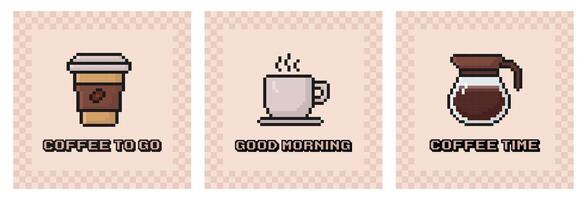 café pixel arte poster definir, anos 80, anos 90 videogames jogos estilo, café xícara, caneca, Panela, cartão postal, nostalgia, café com leite, capuccino, expresso, ilustração vetor