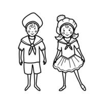 fofa pequeno marinheiro Garoto e menina dentro uma marinho terno. náutico ilustração para crianças dentro rabisco estilo. mão desenhado em uma branco fundo. vetor