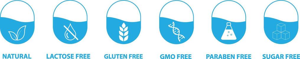 conjunto do ícones glúten livre, OGM livre, açúcar livre, parabeno, lactose livre. produtos embalagem rótulos. vetor