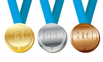 Esportes medalha, ouro prata e bronze vencedora prêmio em uma branco fundo vetor