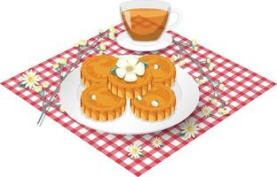 pilha de bolos lunares com xícara de chá colocada na toalha de mesa vetor