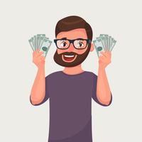 Homem de barba hipster com notas de dinheiro em suas mãos. vetor
