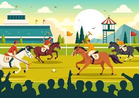 pólo cavalo Esportes ilustração com jogador equitação cavalo e segurando bastão usar equipamento conjunto para concorrência dentro plano desenho animado fundo vetor