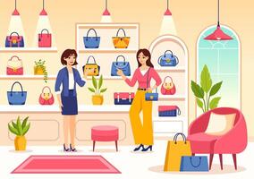 Bolsa loja ilustração com coleção do vários qualidade bolsas e diferente tipos do estilo de vida dentro plano desenho animado fundo Projeto vetor