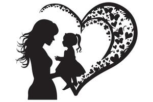 mãe e criança amor dentro a estilo do silhueta branco mãe de fundo e filha silhueta dentro a coração forma, silhueta do uma menina com coração vetor