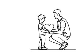 contínuo 1 Preto linha desenhando pai e filho jogando juntos e segurando coração forma rabisco pai dia conceito em branco fundo vetor