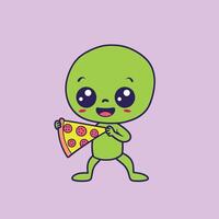 estrangeiro ícone - uma fofa verde estrangeiro com uma pizza fatia ilustração vetor