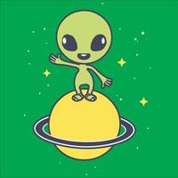 estrangeiro ícone - uma fofa estrangeiro em pé em uma planeta ilustração em uma verde fundo vetor