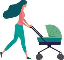 desenhando do uma mulher com uma bebê carrinho de bebê, e uma bebê caminhando vetor