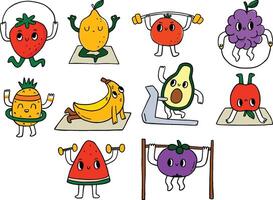 desenho animado fofa fruta personagem fazendo local exercícios conjunto ilustração vetor