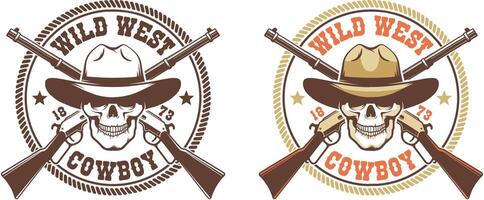 crânio vaqueiro com rifles - vintage selvagem oeste emblema vetor