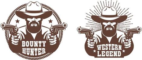 ocidental vaqueiro com barba e dois armas - retro emblema vetor