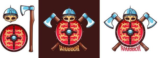 viking emblema com capacete, Dragão escudo e cruzado batalha machados vetor