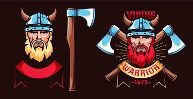 viking Guerreiro retro logotipo com barbudo escandinavo dentro uma chifrudo capacete e cruzado eixos. Projeto elementos do viking emblema. vetor