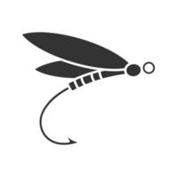 ícone de glifo de pesca com mosca. isca de inseto. isca de libélula. símbolo da silhueta. espaço negativo. ilustração isolada do vetor