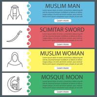 Conjunto de modelos de banner da web de cultura islâmica. homem e mulher muçulmanos, espada de cimitarra, mesquita e lua do ramadã. itens de menu do site com ícones lineares. conceitos de design de cabeçalhos de vetor