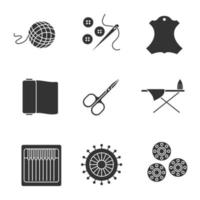personalizar o conjunto de ícones de glifo. lã clew, agulha e botões, etiqueta de couro, tecido, tesoura de unha, tábua de engomar, alfinetes retos, bobinas. símbolos de silhueta. ilustração isolada do vetor