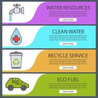 conjunto de modelos de banner de ecologia. fácil de editar. recursos hídricos, serviço de reciclagem, carro ecológico, água limpa. itens de menu do site. banner de cor da web. conceitos de design de cabeçalhos de vetor