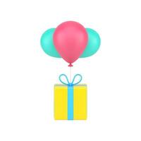 presente em balões 3d ícone. festivo amarelo caixa moscas em colori balões vetor