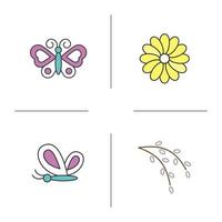 conjunto de ícones de cores de primavera. borboletas, flor de áster, flor de salgueiro. natureza. ilustrações vetoriais isoladas vetor