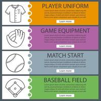 conjunto de modelos de banner de beisebol. camisa, bola e luva do jogador, campo. itens de menu do site com ícones lineares. banner de cor da web. conceitos de design de cabeçalhos de vetor