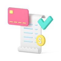 curvado realista bem sucedido Forma de pagamento documento moeda crédito cartão e marca de verificação 3d ícone modelo vetor