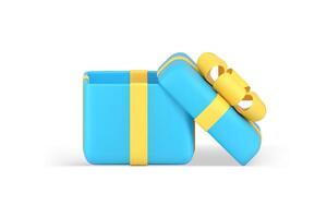 festivo embrulhado azul lustroso presente caixa com amarelo arco fita feriado surpresa 3d ícone vetor