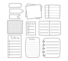 tarefa planejadores dentro rabisco estilo. fofa papel notas, façam listas, bloco de anotações, papel folhas, favoritos. ilustração. uma conjunto do folhas para notas. vetor