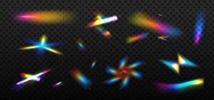 conjunto do colorida lentes e luz chamas com transparente efeitos. iridescente cristal espectro reflexão efeito. ótico arco-íris, brilho, vazar, à risca overlay. malha holográfico ilustração vetor